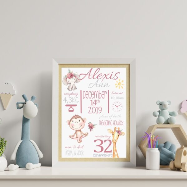 Birth Stats Chart Cute Watercolour Animals