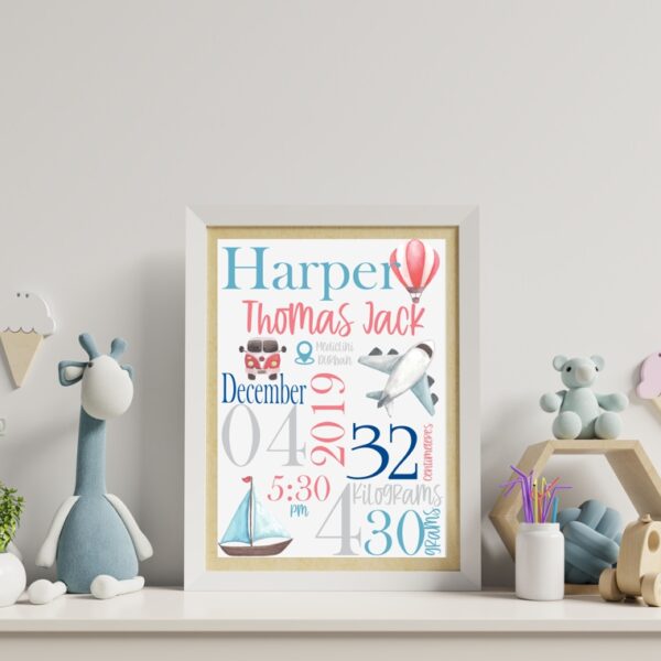 Birth Stats Chart Watercolour Transport