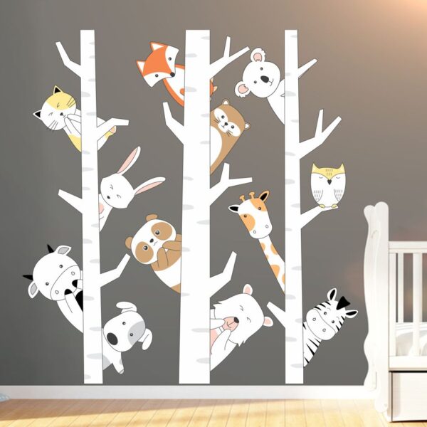 Animals Peeping from Birch Trees