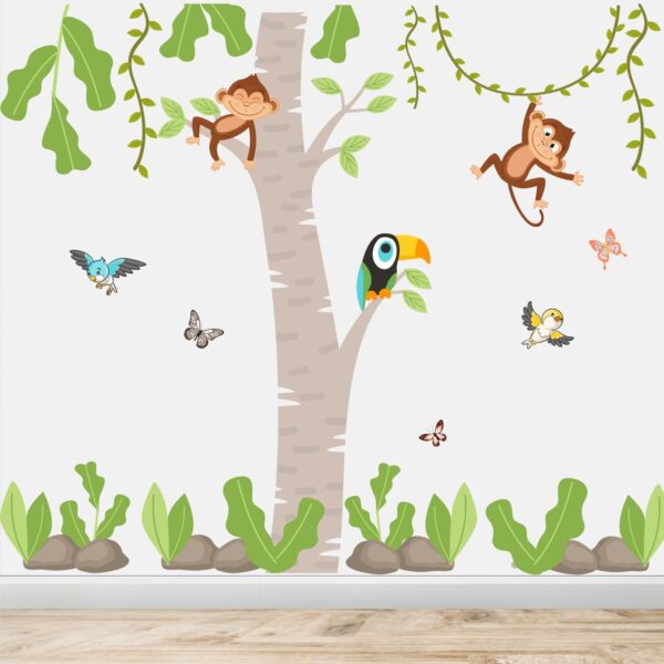 tree with monkey's, vines & birds