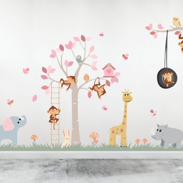 African Animals and Treehouse in Pinks